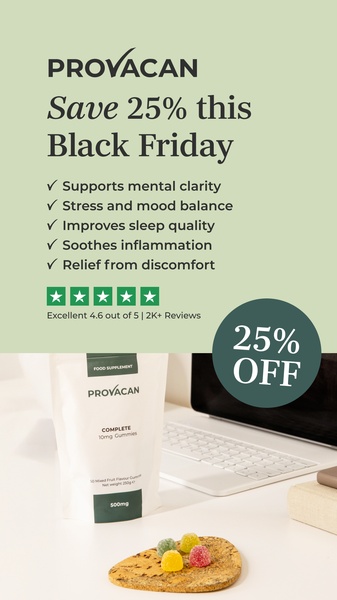A clean, minimalist 9:16 ad creative for gummy supplements featuring a strong Black Friday offer and bulleted value propositions.